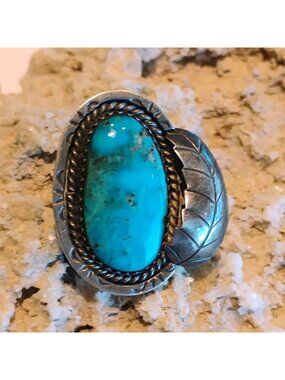 Vtg Signed RC Navajo Old Pawn Morenci Turquoise Sterling Silver Ring Size 8.5